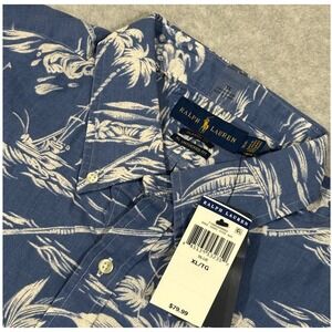 Ralph Lauren Mens XL Blue Tropical Fishing Sailboat SS Linen Blend button up